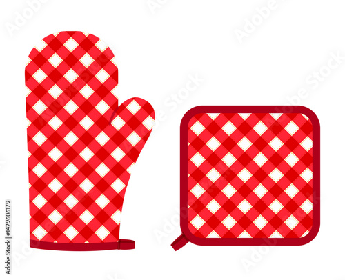 Oven Gloves Mitt and potholder red cartoon Fashion hand accessory clothing technical illustration garment. Vector for Men, women, unisex style flat template mockup sketch outline on white background