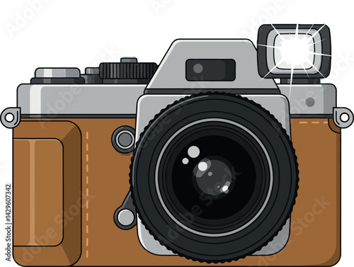 Vintage camera with brown body and lens flash vector illustration design