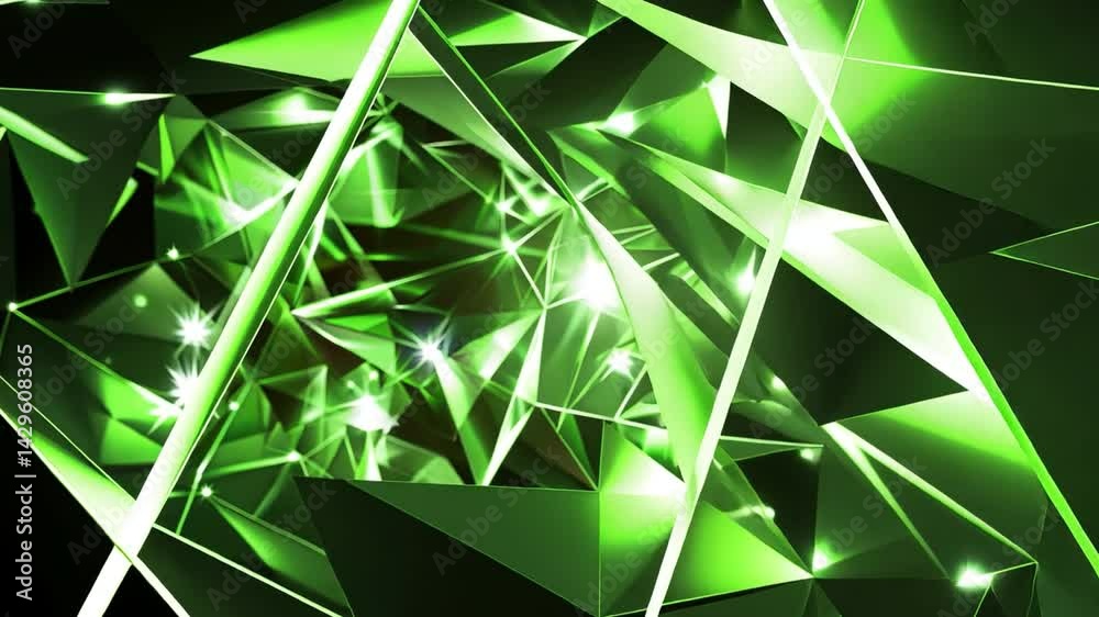 Vibrant green geometric shapes create dynamic and abstract background, showcasing reflective surfaces and sharp angles that evoke depth and energy in mesmerizing designs.