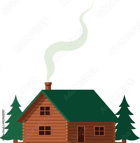 Wooden cabin with green roof and smoke in forest landscape vector illustration 