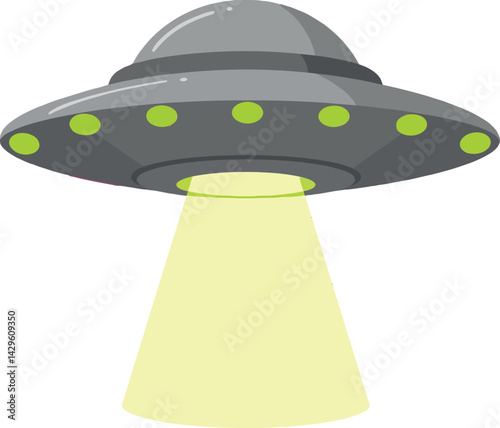 Flying saucer spaceship with glowing lights and bright beam vector illustration futuristic design 