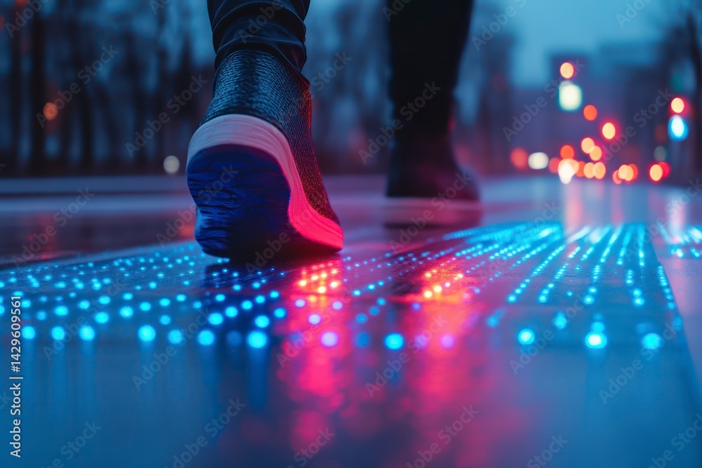 Fototapeta premium Illuminated Path A CloseUp of Sneakers on a Vibrant LED Walkway at Night