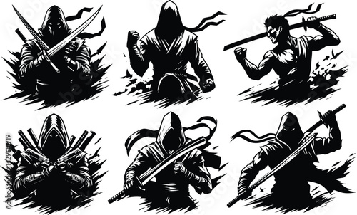 Black and White Dragon Assasins Silhouettes in Vector Art Design