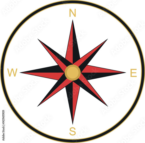 Compass rose navigation symbol with red and black points and gold accents vector illustration 