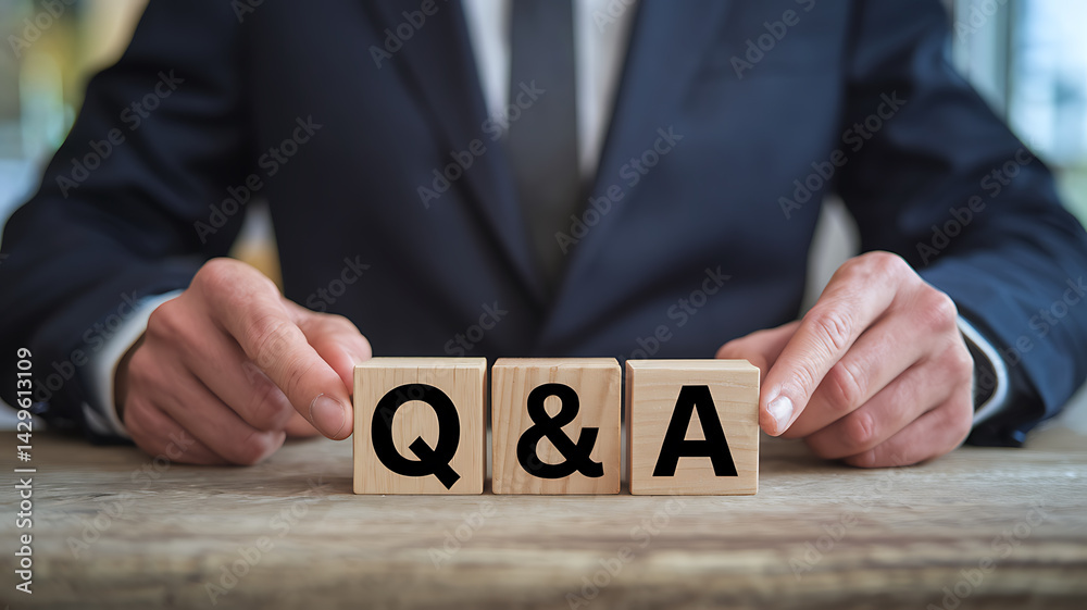 Businessperson presents wooden blocks spelling Q & A on a wooden surface implying questions and answers.