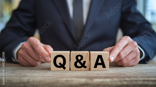 Obraz na płótnie Businessperson presents wooden blocks spelling Q & A on a wooden surface implying questions and answers. w salonie