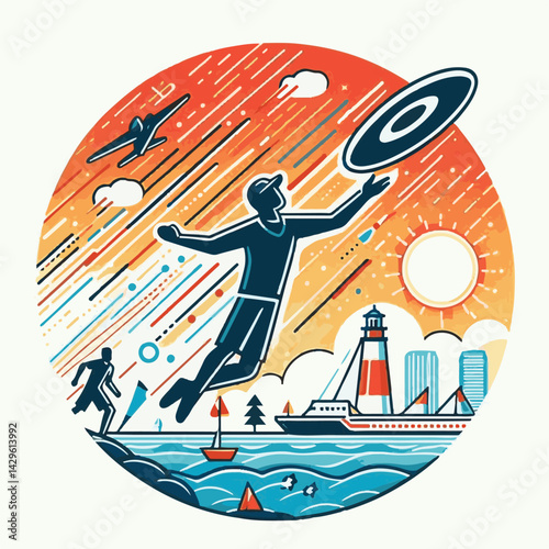 sport, activity, throwing, game, play, fun, people, disc, ultimate, flying, vector, summer, joy, hobby, illustration, leisure, lifestyle, outdoors, recreation, plastic, frisbee, cheerful, happiness, m