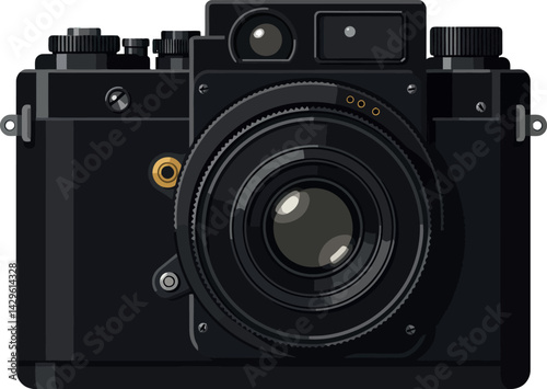 Vintage black film camera illustration with detailed lens and body design vector 