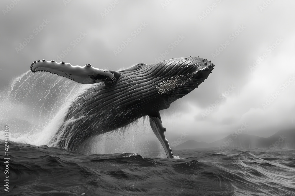 Fototapeta premium Majestic humpback whale breaches the ocean surface in dramatic black and white against a moody sky