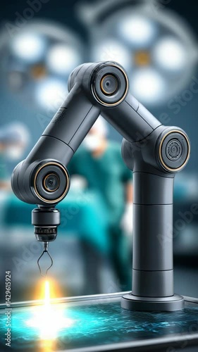 Surgical Robotic Arm with an end effector operating in a futuristic operating theater performing a medical procedure on a patient