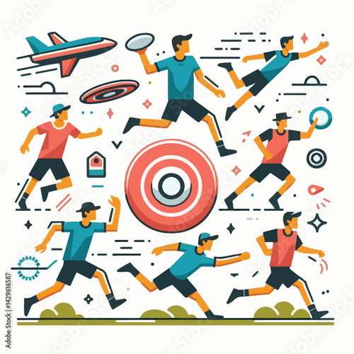 sport, activity, throwing, game, play, fun, people, disc, ultimate, flying, vector, summer, joy, hobby, illustration, leisure, lifestyle, outdoors, recreation, plastic, frisbee, cheerful, happiness, m