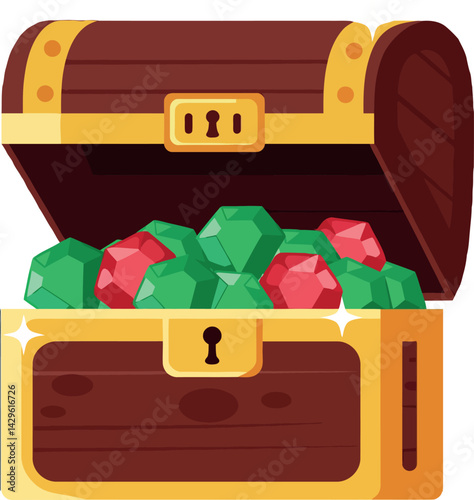 Treasure chest filled with green and red gems vector illustration in bright colors 