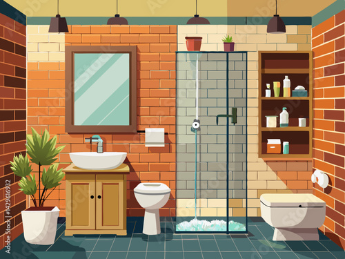 vector of New modern bathroom interior design. Built-in toilet, built-in shower and brown brick background