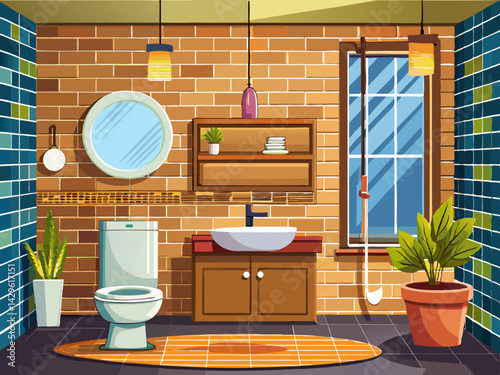 vector of New modern bathroom interior design. Built-in toilet, built-in shower and brown brick background