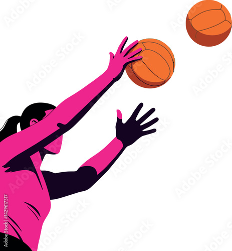 Female basketball player passing ball in pink shirt vector illustration 
