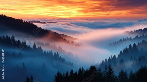 A breathtaking mountain vista shrouded in vibrant, colorful morning mist.