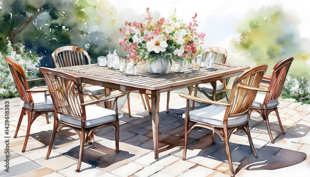 Obraz premium Watercolor art of a wooden outdoor dining set with a floral centerpiece