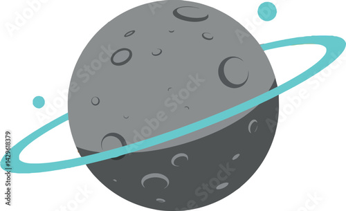 Gray cratered planet with blue ring and orbiting satellites vector illustration space theme