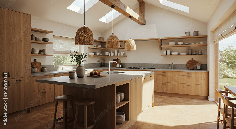 Modern rustic kitchen design with skylights and island Modern rustic kitchen design with skylights and island