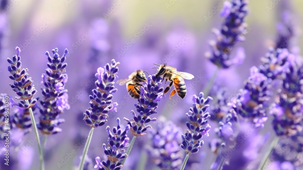 Fototapeta premium Two bees pollinating lavender flowers in a field.