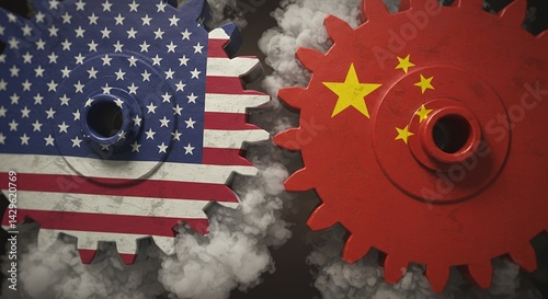 Animated US and China Flag Gears Grinding with Steam