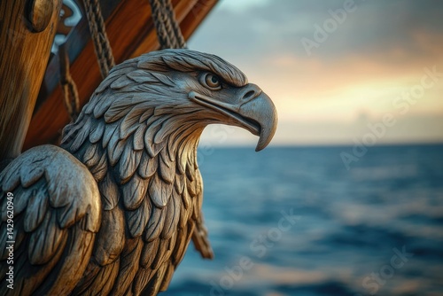 A meticulously carved wooden eagle figurehead adorns the bow of a ship at sunset, symbolizing freedom and maritime exploration.