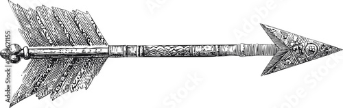 Intricately detailed black and white sketch of an ornate vintage arrow. Vector illustration
