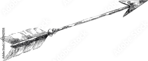 Hand-drawn sketch of a detailed wooden arrow with feathers and a sharp tip. Vector illustration