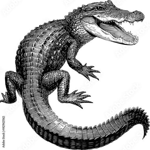 Detailed black and white illustration of a crocodile with an open mouth. Vector illustration