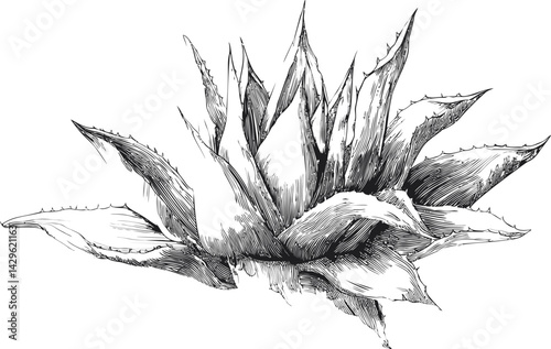 Black and white hand-drawn sketch of an aloe vera plant with sharp leaves. Vector illustration