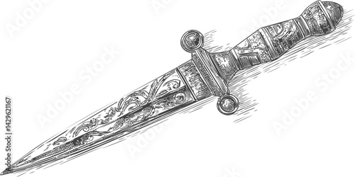 Intricate engraving on antique dagger with ornate handle, black and white illustration. Vector illustration