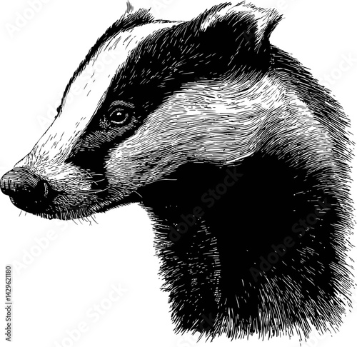 Black and white illustration of a badger's head with detailed fur lines. Vector illustration