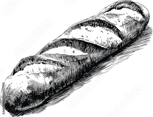 Black and white sketch of a classic French baguette with detailed texture. Vector illustration