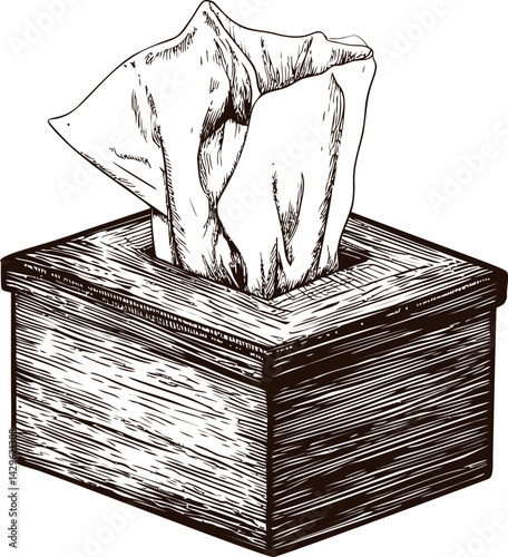 Wooden tissue box illustration with detailed line art style. Vector illustration