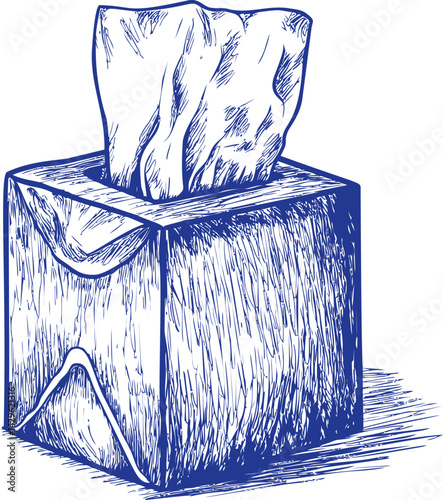 Blue sketch of tissue box with single tissue in illustration. Vector illustration