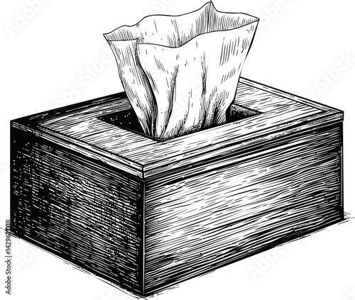 Hand-drawn illustration of a tissue box with detailed shading in black and white. Vector illustration