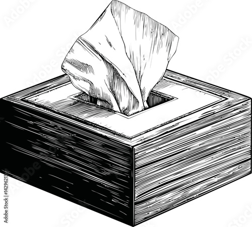 Wooden tissue box with a single tissue in black and white illustration style. Vector illustration