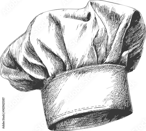 Illustration of a detailed black and white chef's hat sketch with shading. Vector illustration