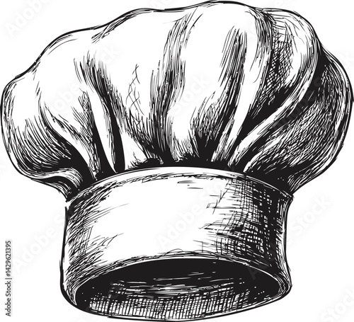 Detailed black and white sketch of a chef hat, culinary art concept. Vector illustration