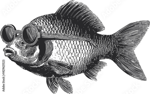 Illustration of a fish wearing round sunglasses in detailed black and white. Vector illustration