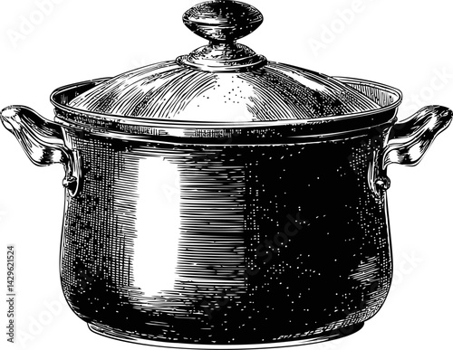 Retro black and white drawing of a metal cooking pot with handles and a lid. Vector illustration