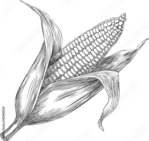 Detailed black and white sketch of an ear of corn with husk open. Vector illustration