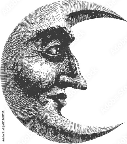 Smiling crescent moon with human face in black and white illustration. Vector illustration