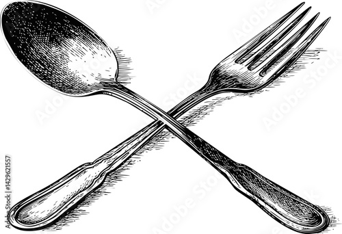 Crossed vintage fork and spoon in black and white sketch illustration. Vector illustration