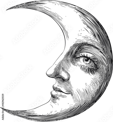 Vintage sketch of crescent moon with human face in detailed black lines. Vector illustration