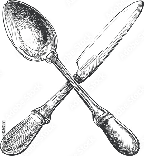 Crossed vintage spoon and knife sketch in black and white, concept of culinary art. Vector illustration