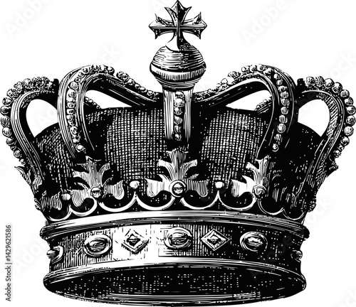 Illustrated vintage royal crown with intricate details in black and white. Vector illustration
