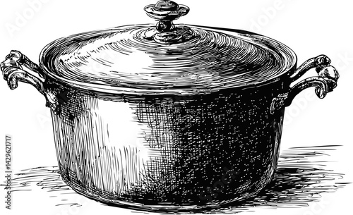 Illustration of a vintage cooking pot with intricate handles and lid, black and white. Vector illustration