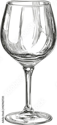 Detailed black and white sketch of an empty wine glass on. Vector illustration