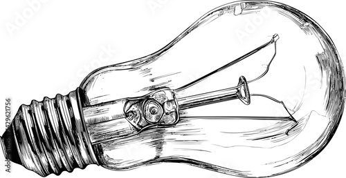 Detailed black and white sketch of incandescent light bulb, vintage illustration. Vector illustration